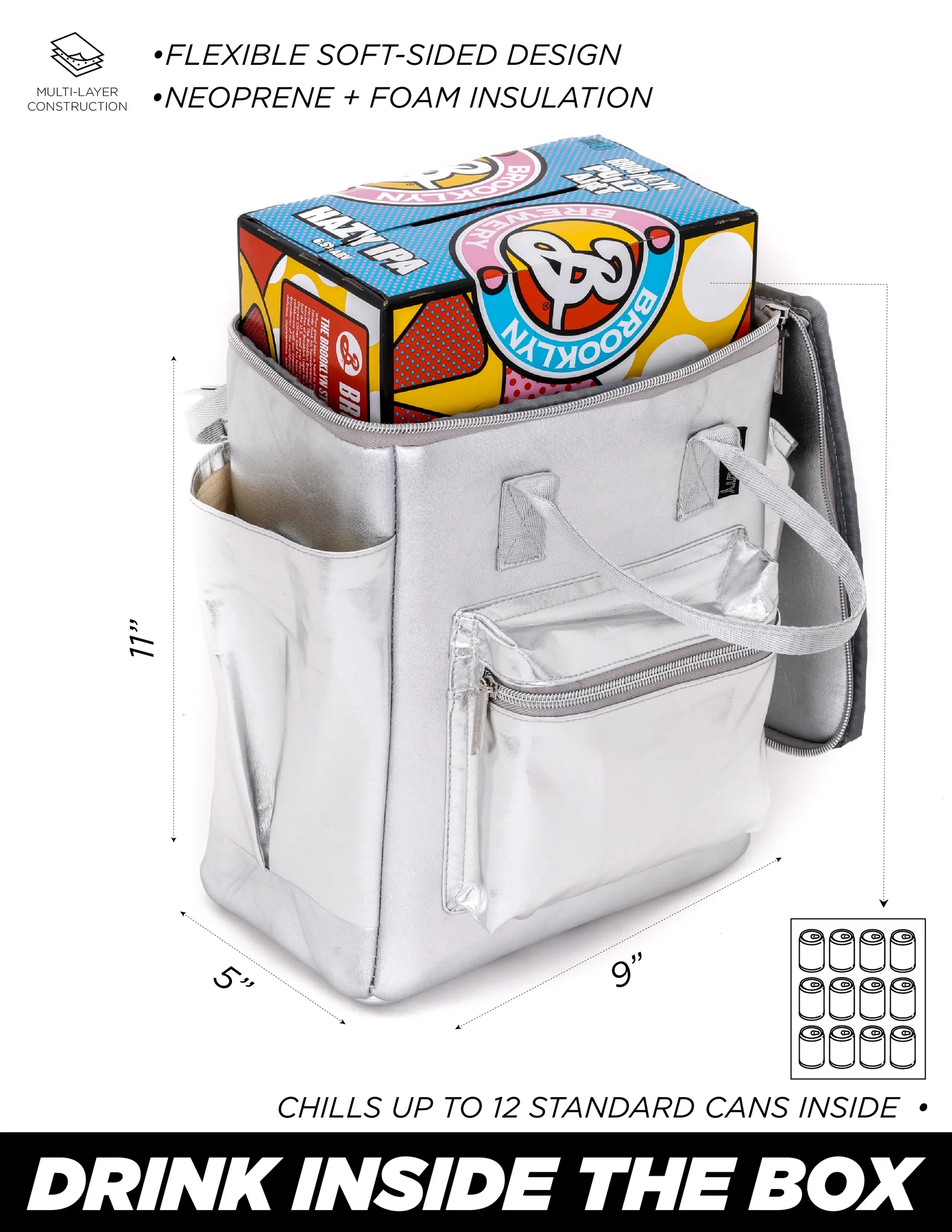 Cooler Backpack | 12 Can Beach Bag Silver